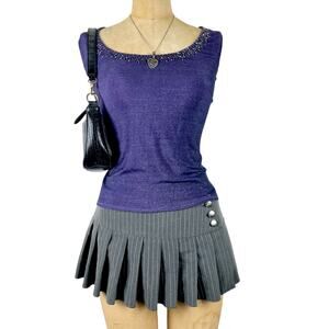 Y2K Metallic Purple Top‎ Beaded Tassel Neckline Glam Retro Sz L